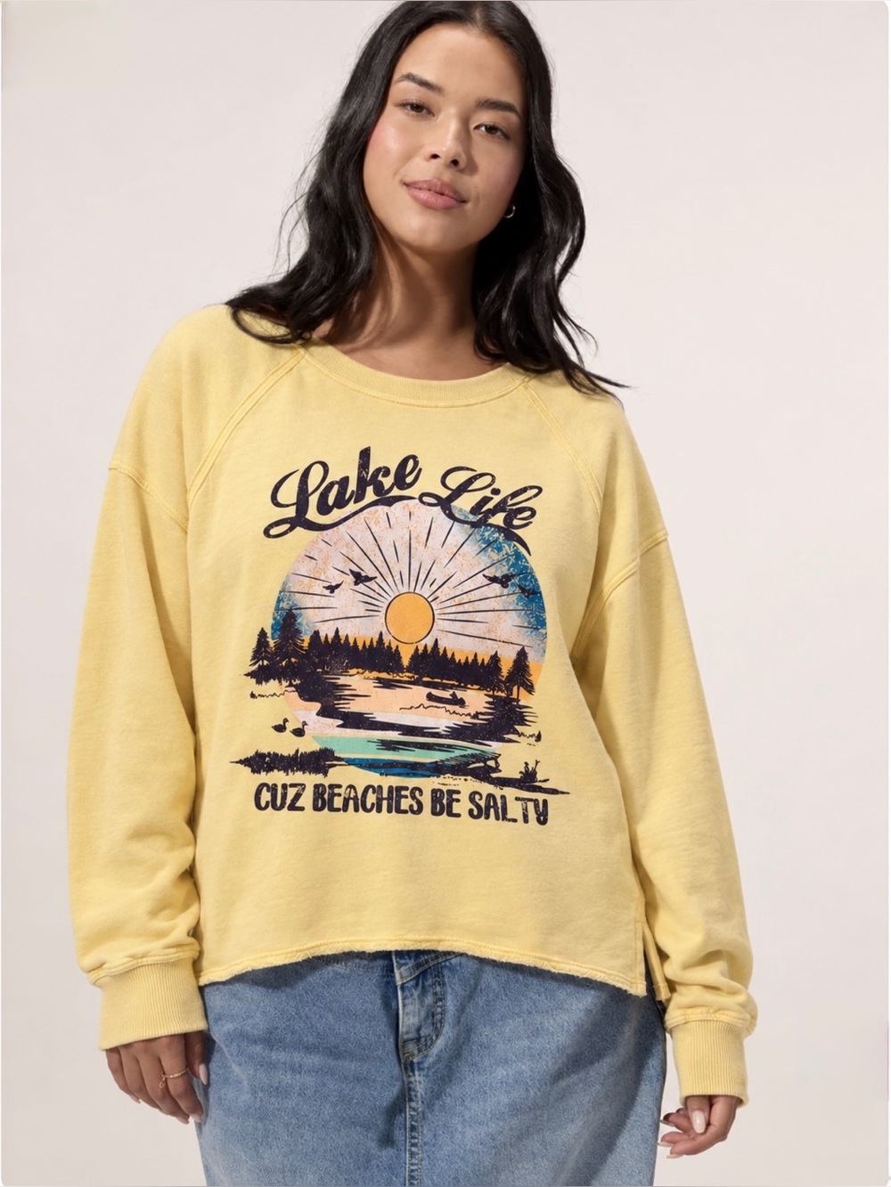 Maurices Lake Life Relaxed Crewneck Sweatshirt Yellow Oversized Funny Graphic 2X